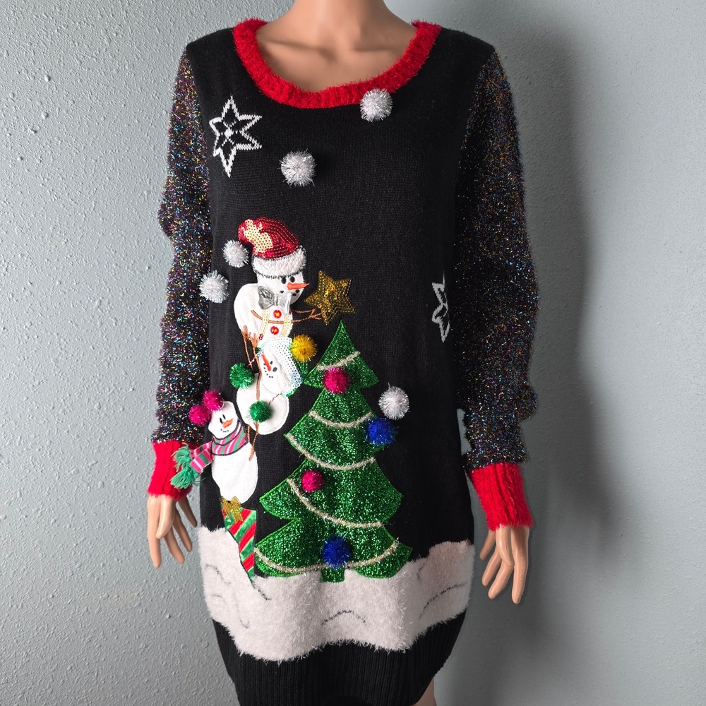 United States Sweaters XL Ugly Christmas Sweater Tunic‎ Dress Snowman Tinsel 3D
